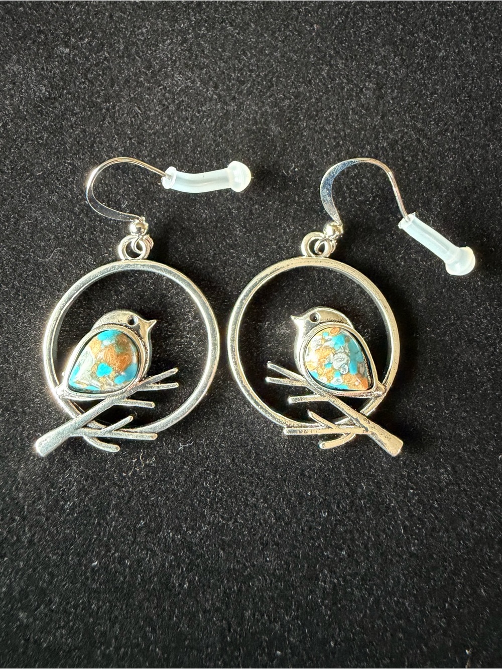 Silver Bird Hoop Earrings with Turquoise Accents
